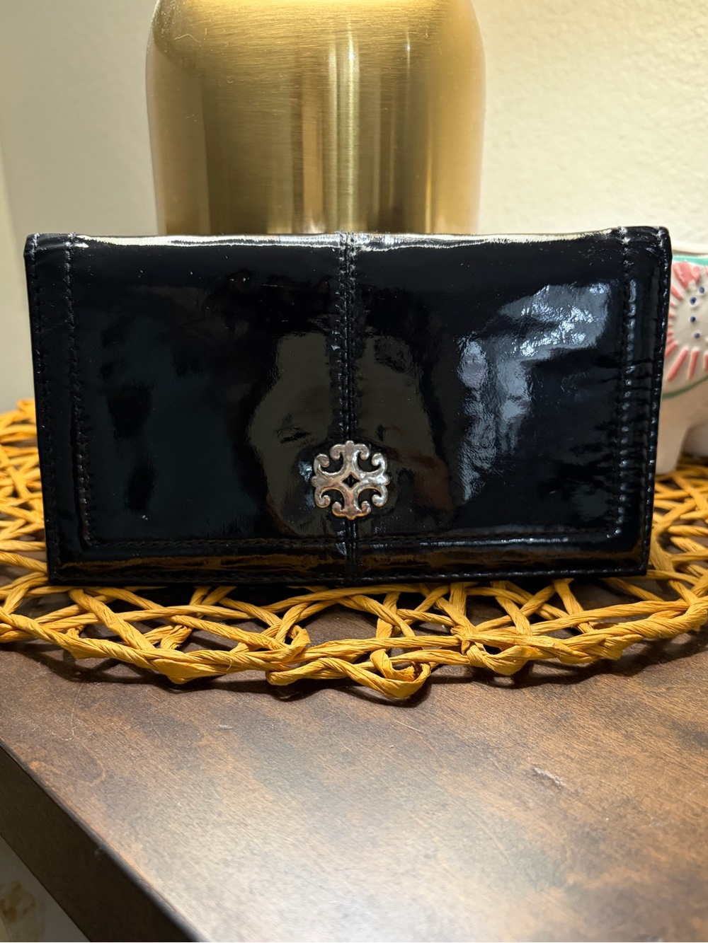 Vintage Brighton Black Patent Leather Wallet with Silver Decorative Emblem